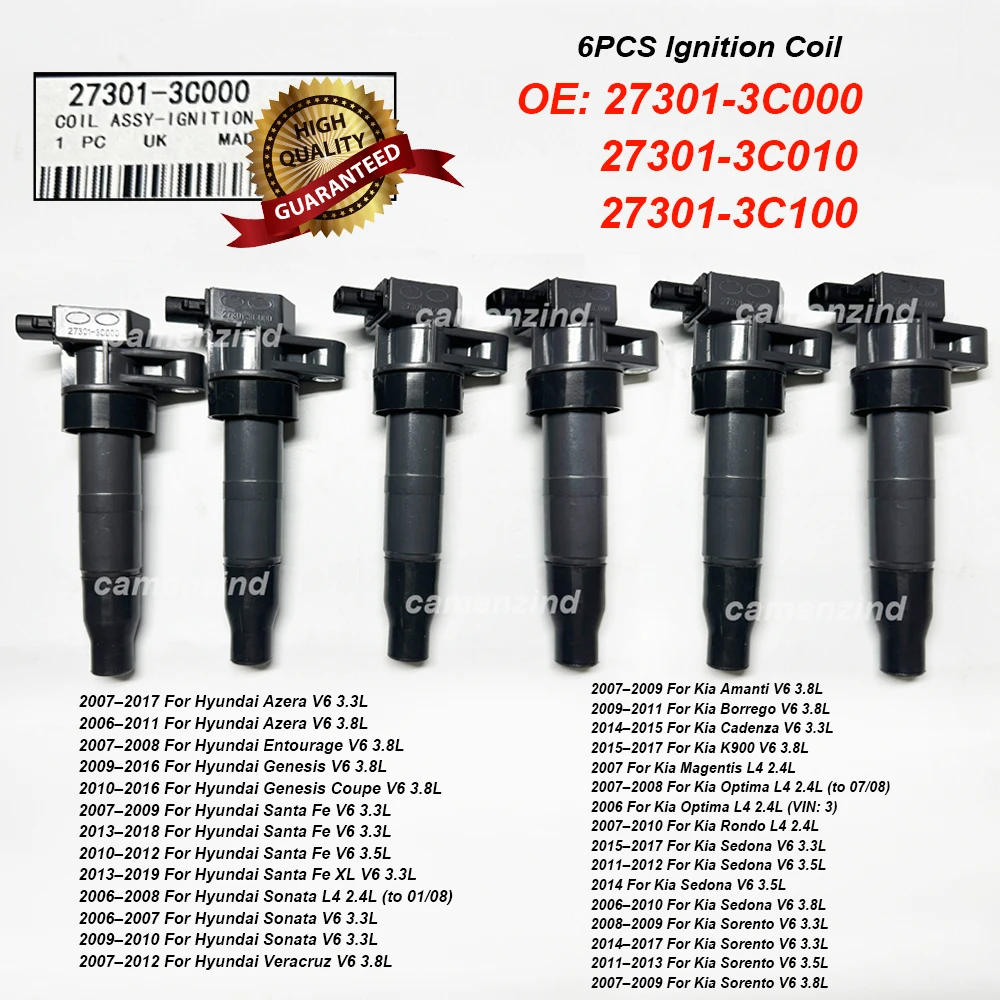 

6PCS Ignition Coil 27301-3C000 27301-3C010 27301-3C100 UF-546 37301-3C000 For Hyundai Genesis Coupe V6 3.8L 2010–2016 273013C000