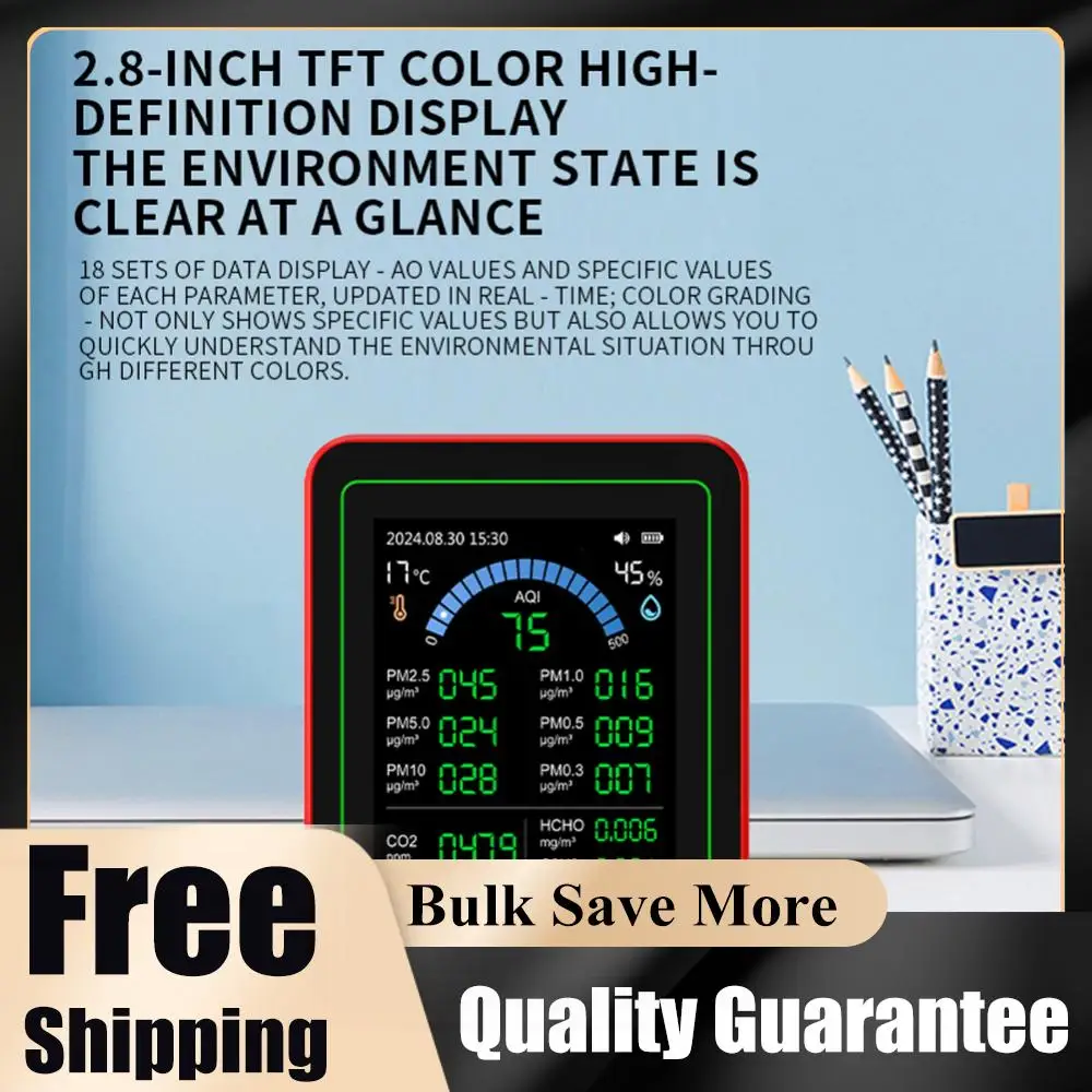 

WiFi 18 in 1 Air Quality Detector CO/CO2/HCHO/TVOC/AQI/PM0.3/PM1.0/PM2.5/PM10 Air Quality Tester Temperature Humidity Meter