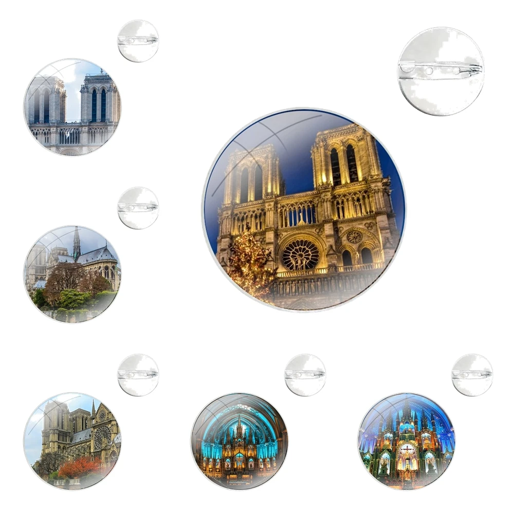 Glass Dome Brooches Badge Pins For Clothes Hat Shirt Lapel Bag Notre Dame de Paris