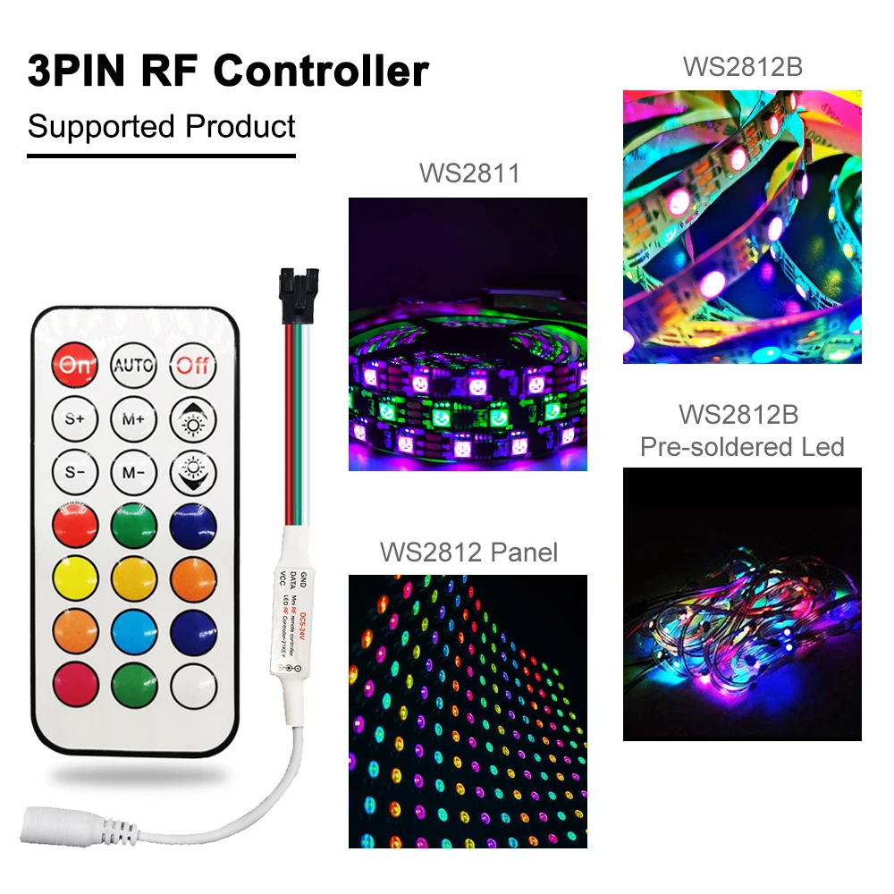 21Key Mini Led Controller RF Wireless Remote 3Pin 4Pin WS2812 WS2812B WS2811 WS2813 WS2815 Strip Light 350+ Dream Effect DC5-24V