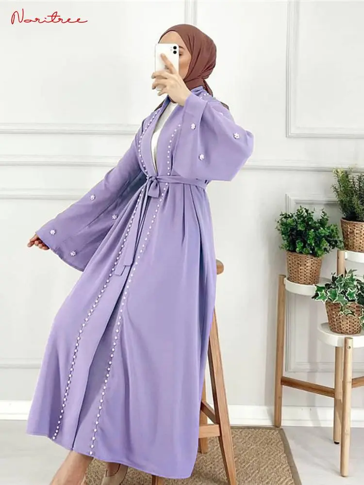 Vendita calda perle fatte a mano perline musulmano Abaya elegante colore puro lungo Abaya musulmano donna abbigliamento modesto abbigliamento EID abiti WY004