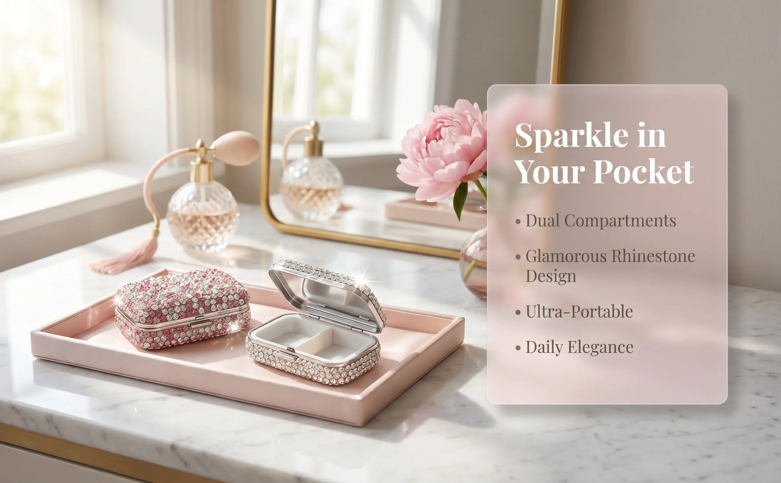 2Pcs Portable Rhinestone Compartments Pill Case Mini Pills Box Tablets Organizer Box Small Cute Travel Medicine