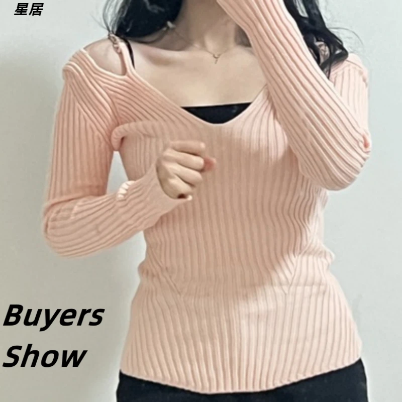 Kpop Korean 2024 New Sexy Sling Sweater Women V-Neck Pullover Hollow Knit Tops Festival Wear Stage Costume Performance Clothes