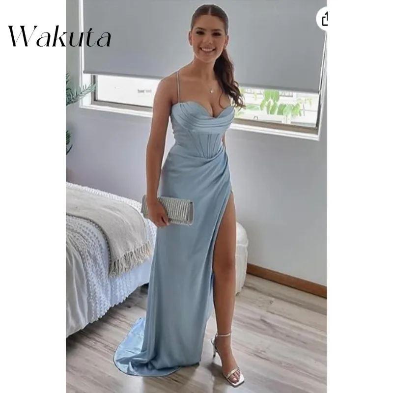 Wakuta Sexy Strapless Strapless Satijnen Gewaad Klassiek Geplooid Formeel Feest Avondjurken Mego Prom Jurk Moeder Van De Bruidegom