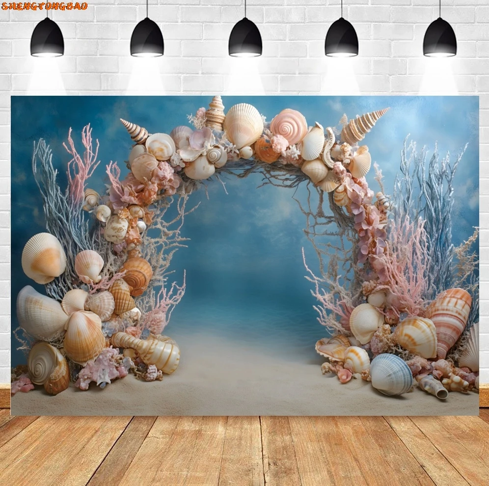 Girls Princess Birthday Party Decorations Backdrop Underwater World Theme Shell Arch Little Mermaid Party Photography Background