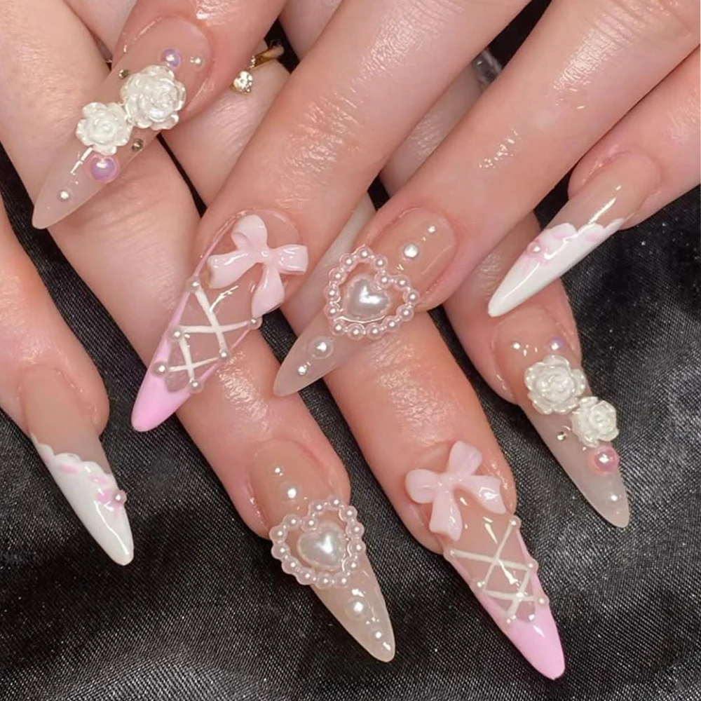 50개 3D 레진 믹스 보우 하트 펄 네일 참 핑크 미니 귀여운 오로라 리본 로즈 문 네일 라인스톤 DIY 네일 아트 데코레이션