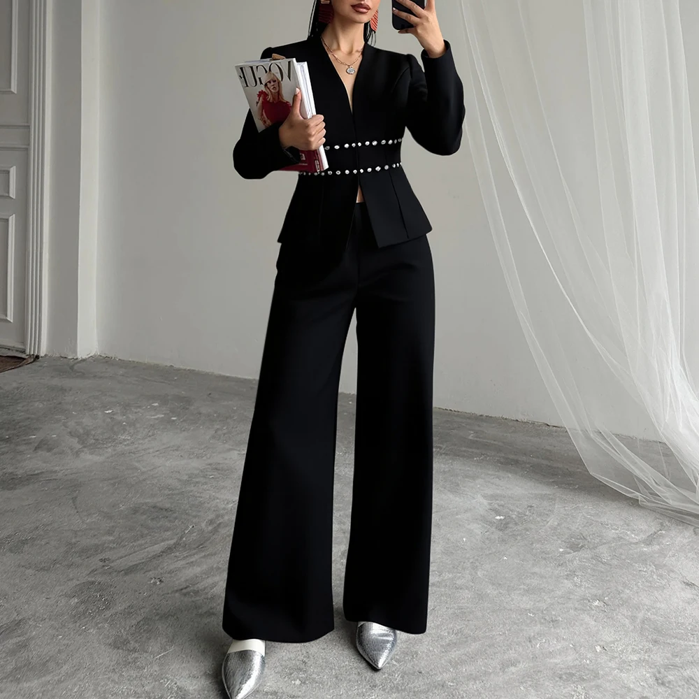 

Mia Muse Autumn Sets 2025 Women's Daily Plain Long Sleeve Open Front Office Lady Straight Full Length Pants Sets