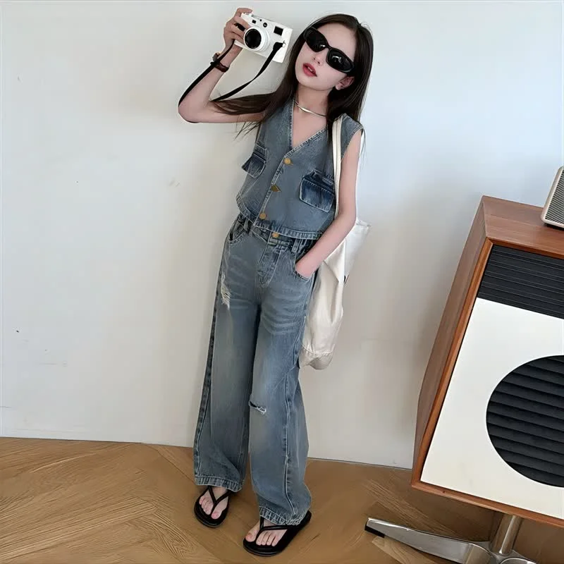 

Teens Girls Clothing Set Summer Daily Short Denim Vest Tops High Waist Ripped Wide Leg Jeans 2pcs School Kids Outfits 4-12 Years