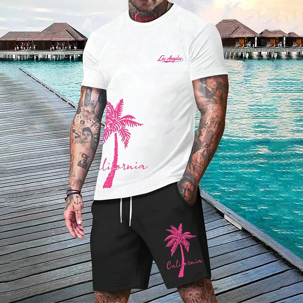 2024 Hawaii European 3D printed men\'s short sleeved fashionable T-shirt dopamine beach casual shorts set soft and comfortable