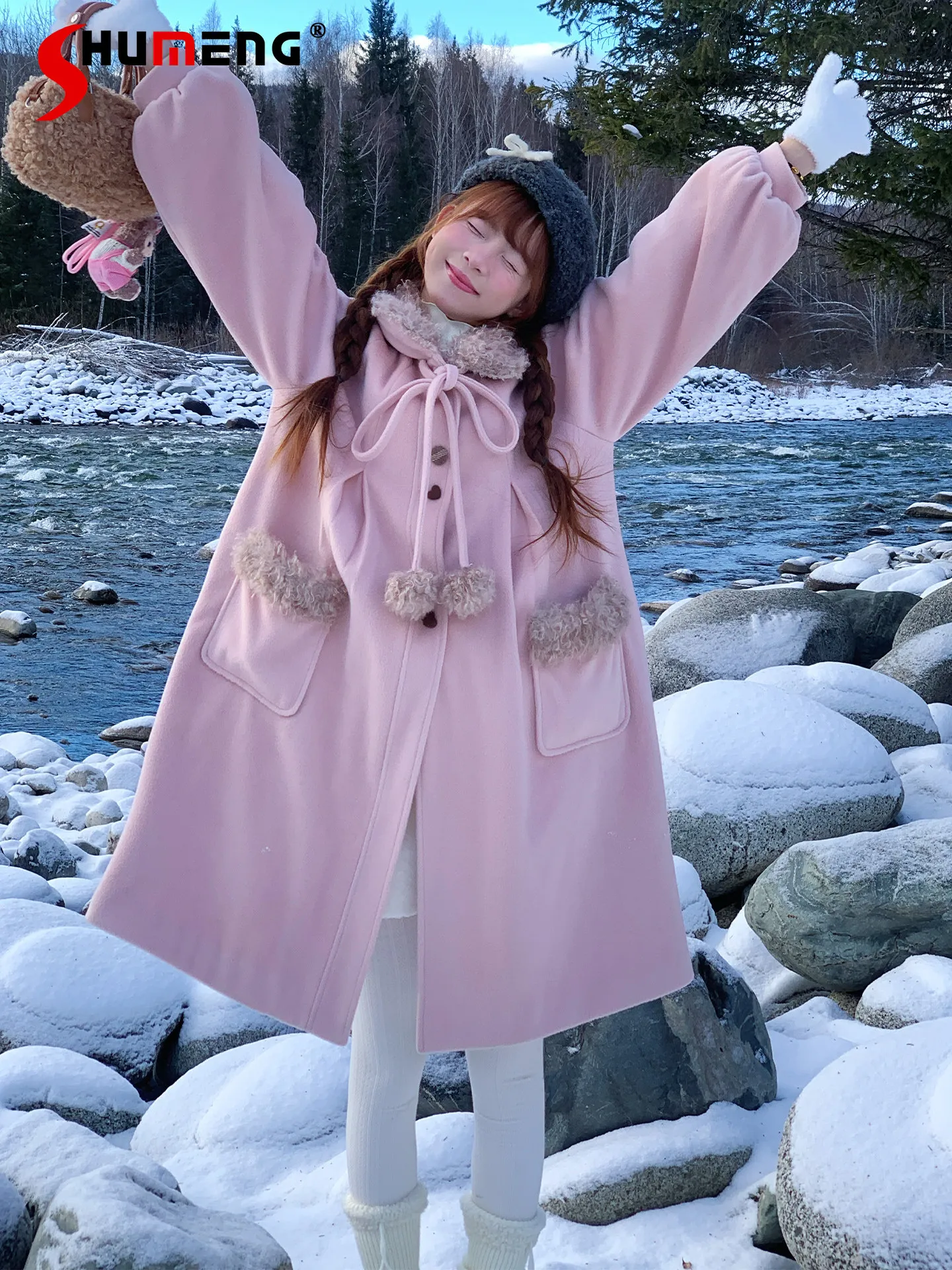 Estilo japonés elegante dulce rosa con cordones cuello de lazo abrigo de lana de un solo pecho suelto versátil acolchado chaquetas largas mujer invierno