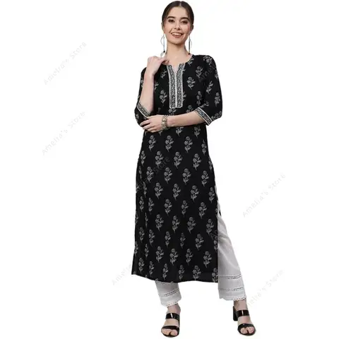Indian Ethnic Kurta for Women Black Cotton Floral Print Tunic Top 3/4 Sleeve Round Neck Casual Mid-Length Kurti India Dress