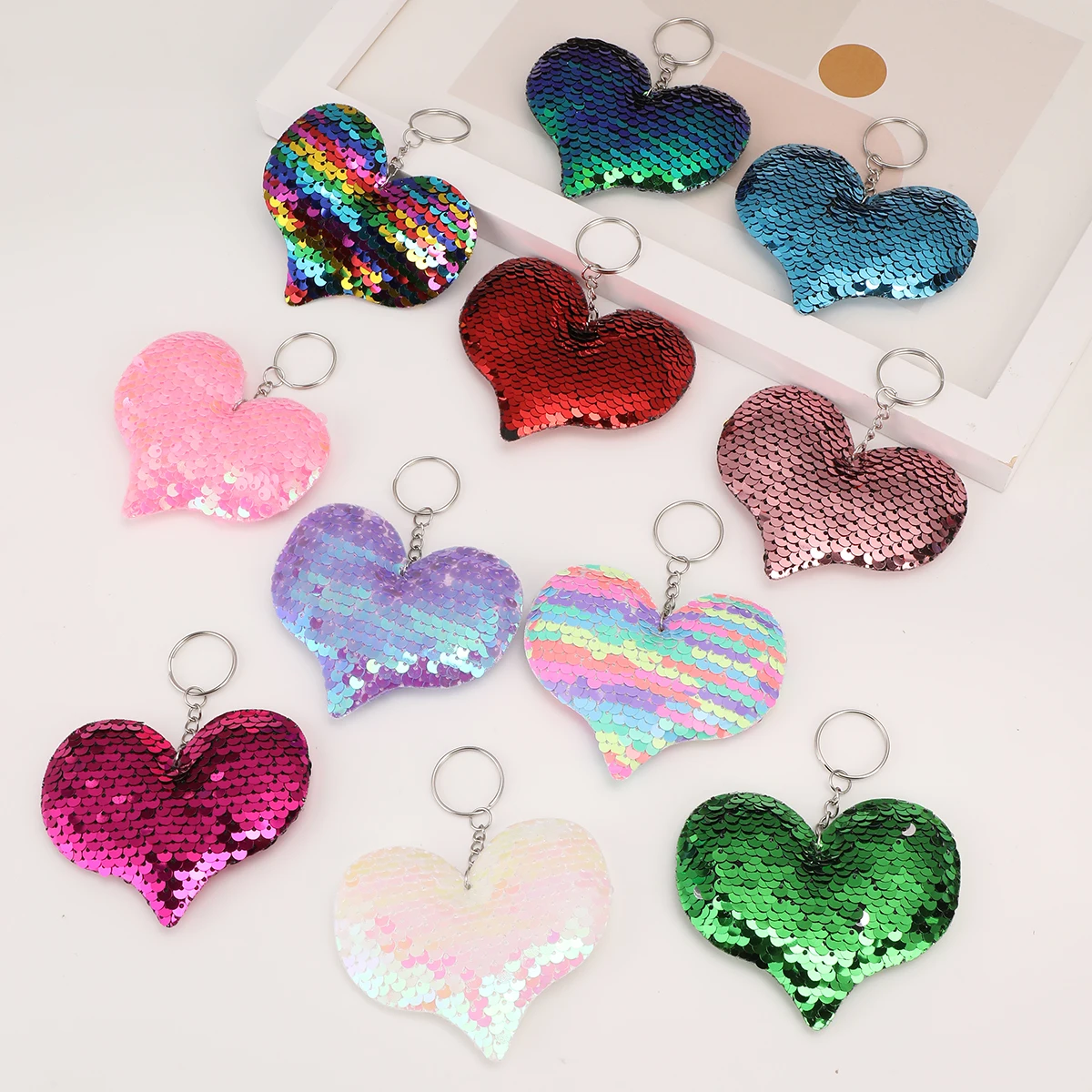 11pcs Sequin Love Heart Keychain Cute Cartoon Bag Key Chain Keyring Ornament Bag Purse Charm Accessories