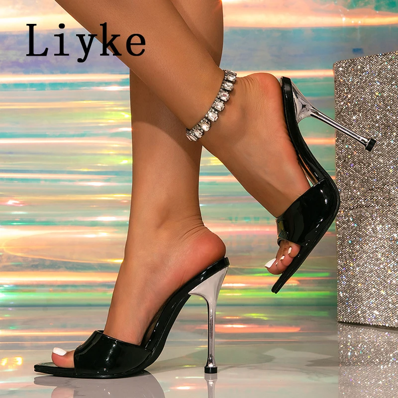 

Liyke Fashion Sexy Red High Heels Slides Women Pointed Toe Banquet Party Shoes Slippers Mules Patent Leather Summer Sandal Pumps