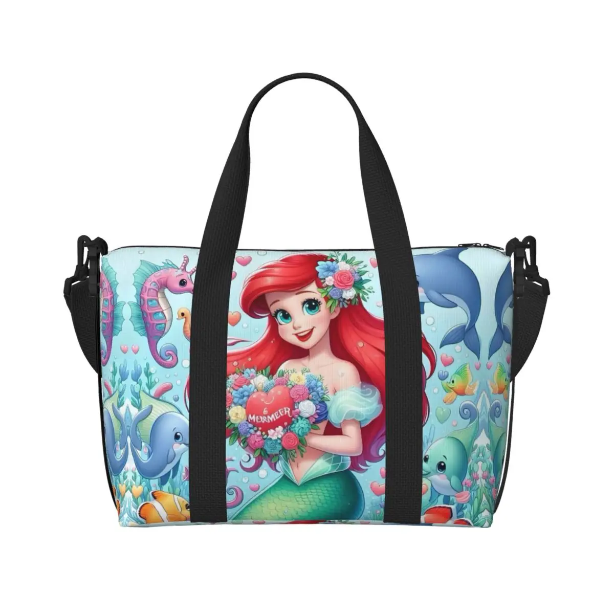 

Custom The Little Mermaid Tote Bag for Women Large Capacity Kawaii Princess Anime Kawaii Princess Gym Beach Travel Bags