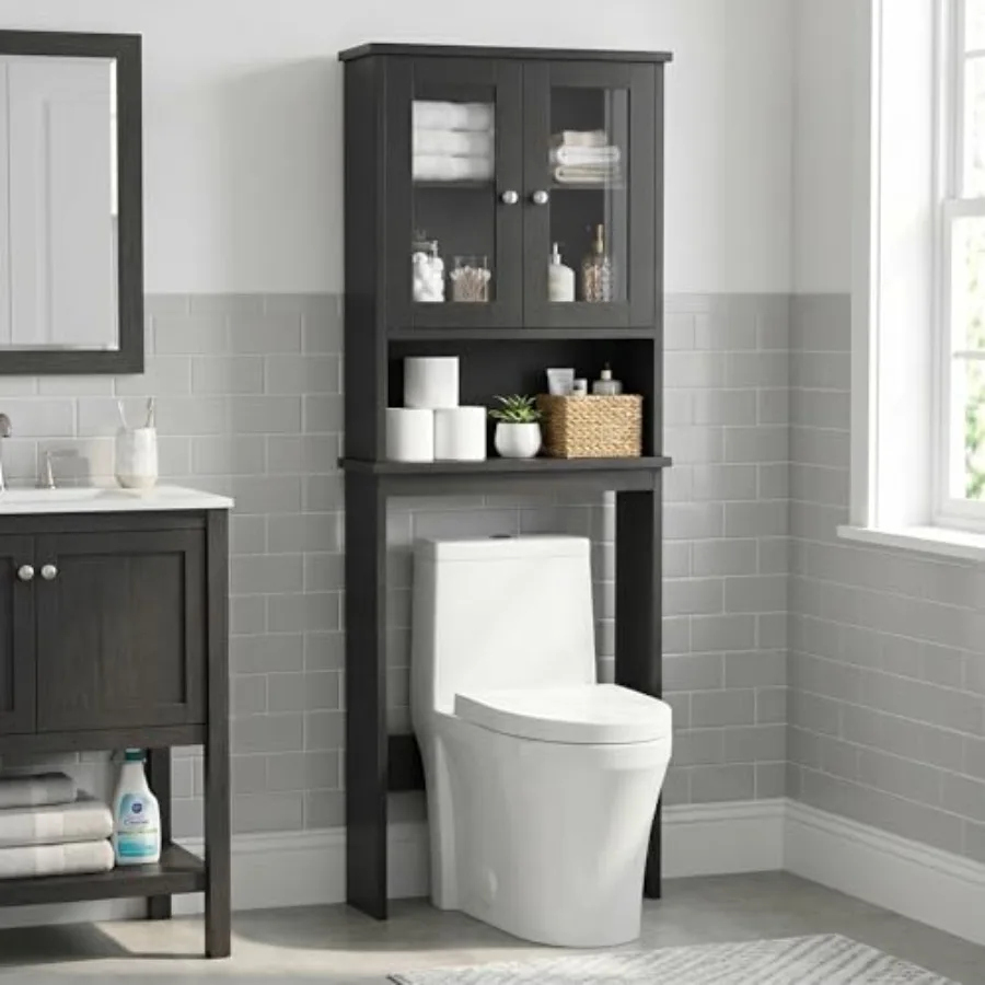 

Bathroom over-the-toilet storage cabinet with adjustable shelves double glass doors open shelf freestanding wooden rack in blac