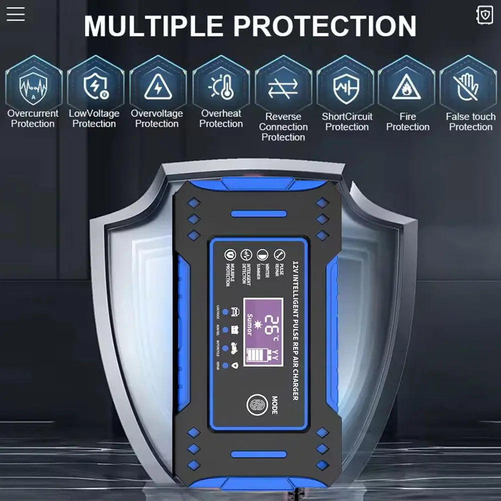 Carregador de bateria de carro 12v 6a, reparo de pulso automático inteligente, display lcd, carga rápida, carregador de bateria de chumbo-ácido para motocicleta automática