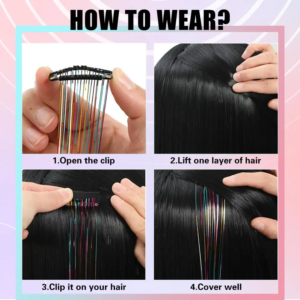 Extensiones de cabello sintético de 20 pulgadas con clips y brillantina, 6 piezas por set, resistentes al calor, para mujeres y niñas 5