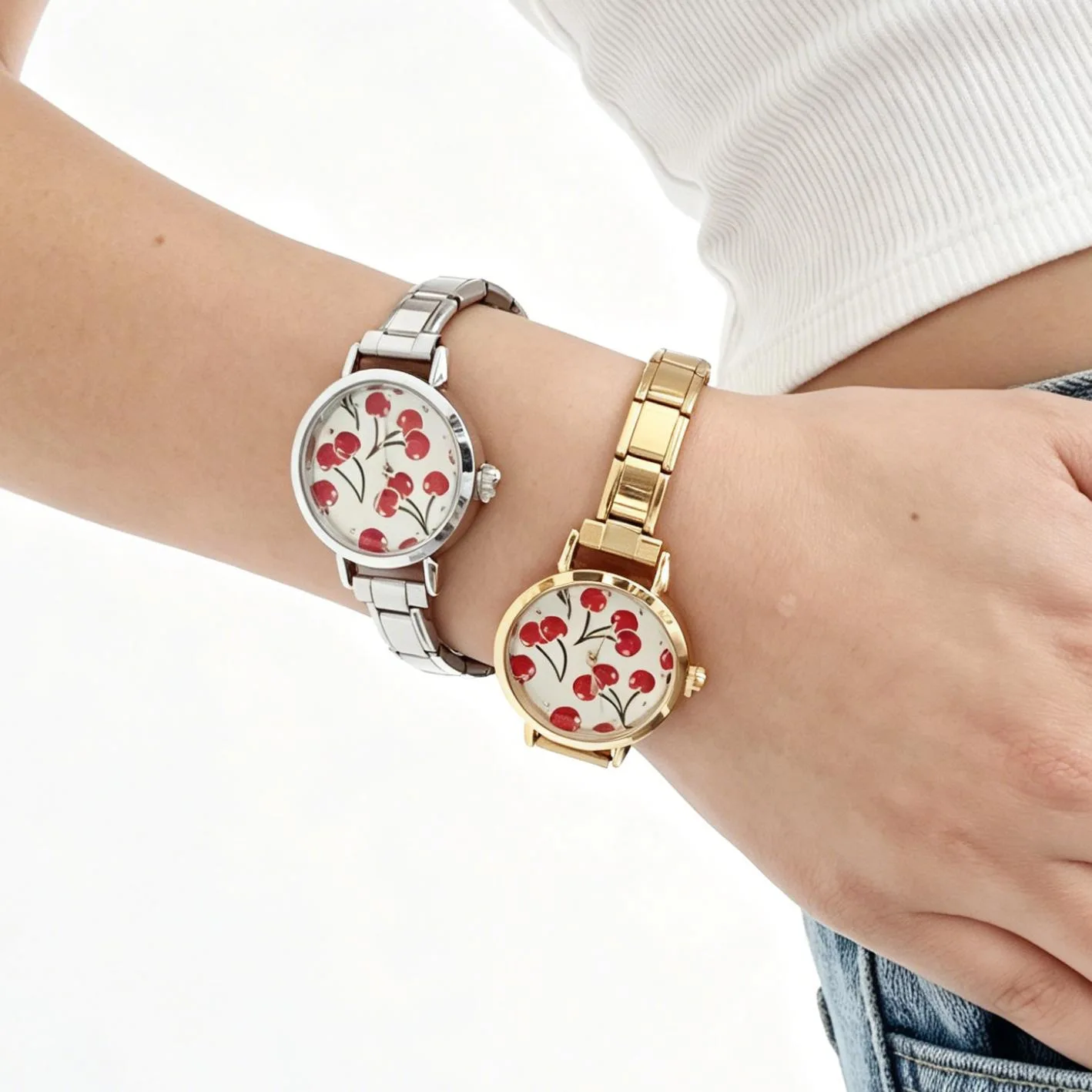 Trendy Fruit Pattern Ladies Wristwatch Detachable Steel Link Strap Sweet Cherry Dial Minimal Daily Dress Hip Hop outhQuartzWatch
