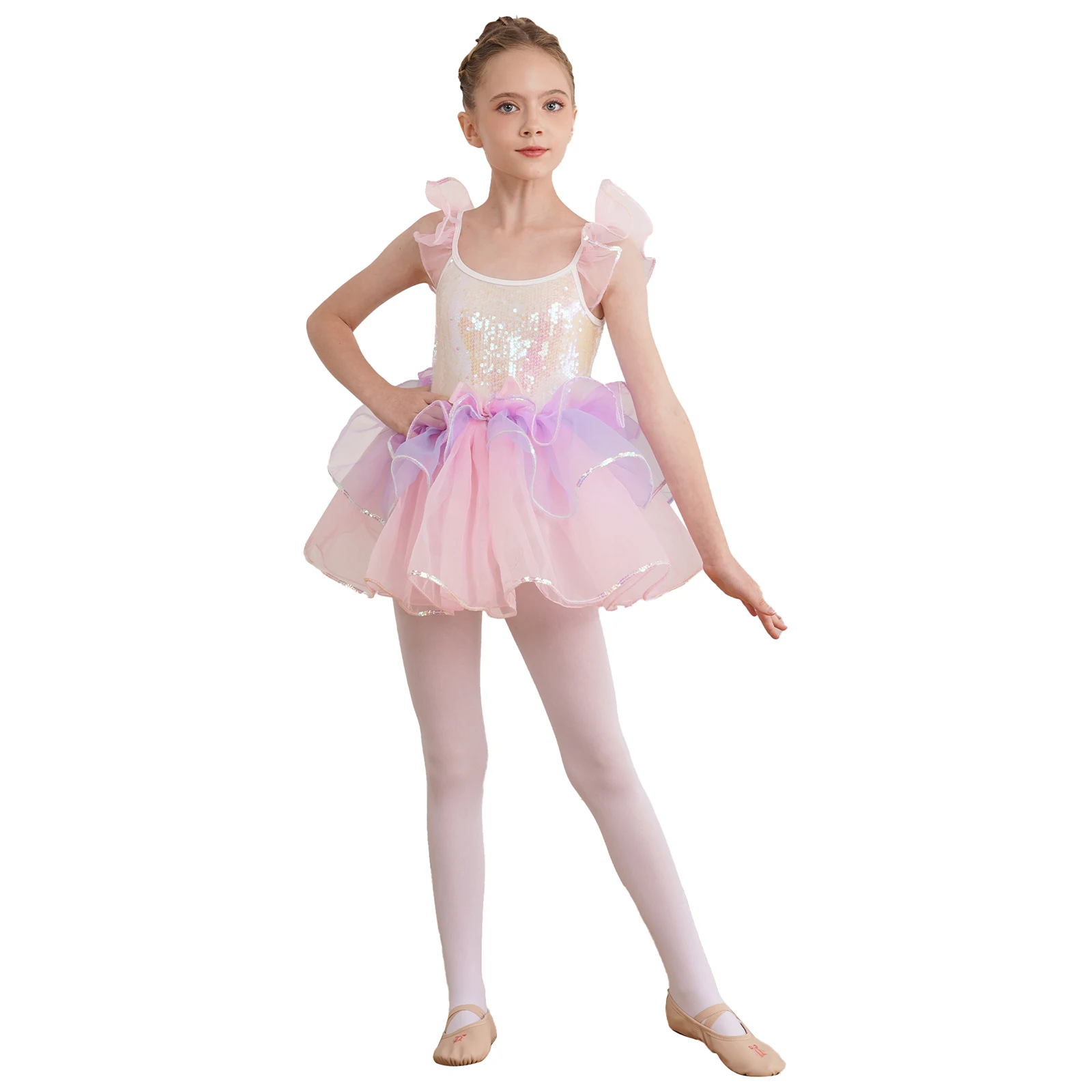 

Kids Girls Ballet Dress Shiny Sequin Ruffled Sleeve Organza Tutu Skirts Dress Birthday Party Dance Performance Costume Ballerina