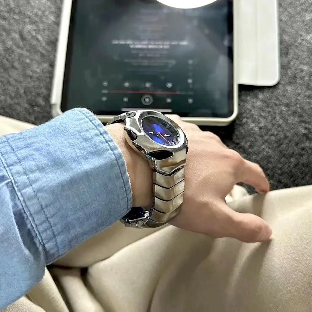 Мужские Y2K уникальные лезвия модные из нержавеющей стали черные синие роскошные кварцевые водонепроницаемые деловые часы с имитацией верха