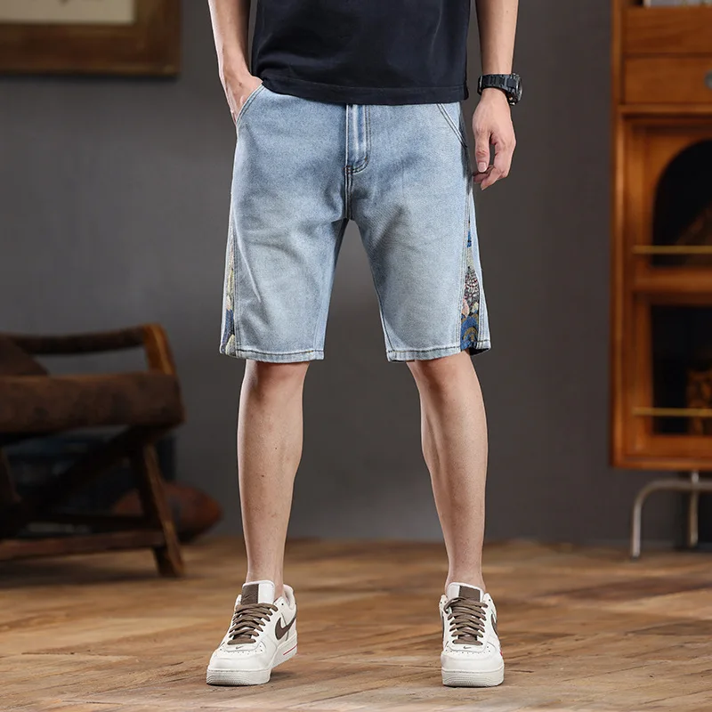 Short en jean personnalisé pour hommes, broderie, couture, rue haute, mode, polyvalent, décontracté, américains, été