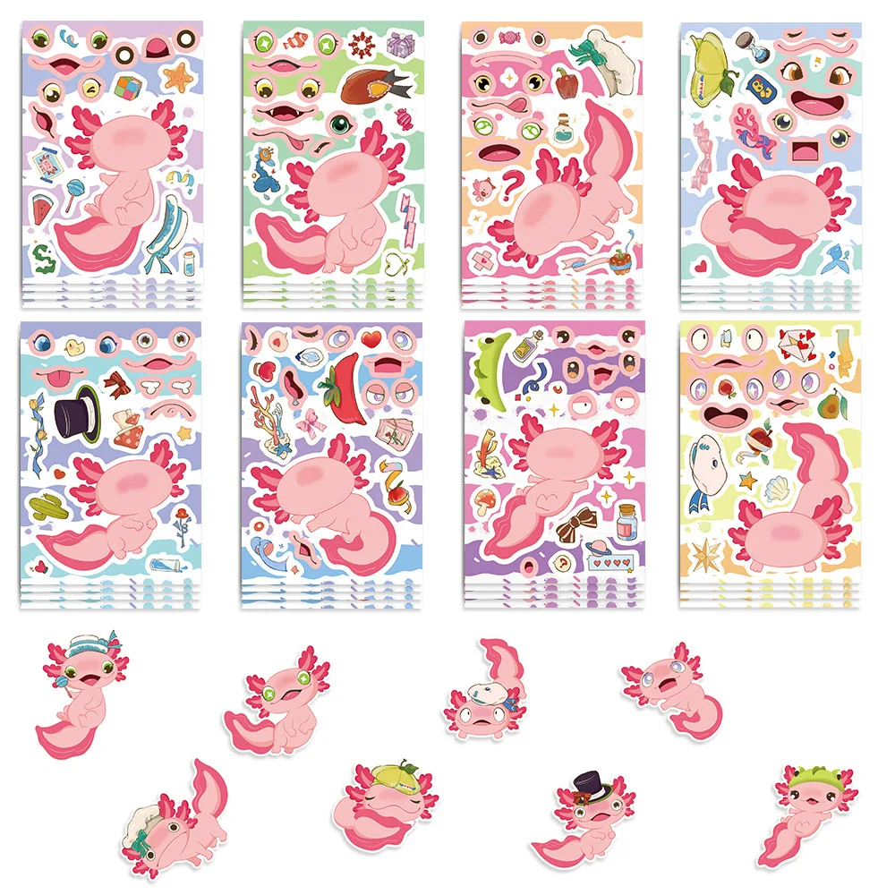 8/16Sheets Axolotl Puzzle DIY Stickers for Party Birthday Decor Luggage Bike Scooter Guitar Scrapbook Water Bottle Decal Kid Toy