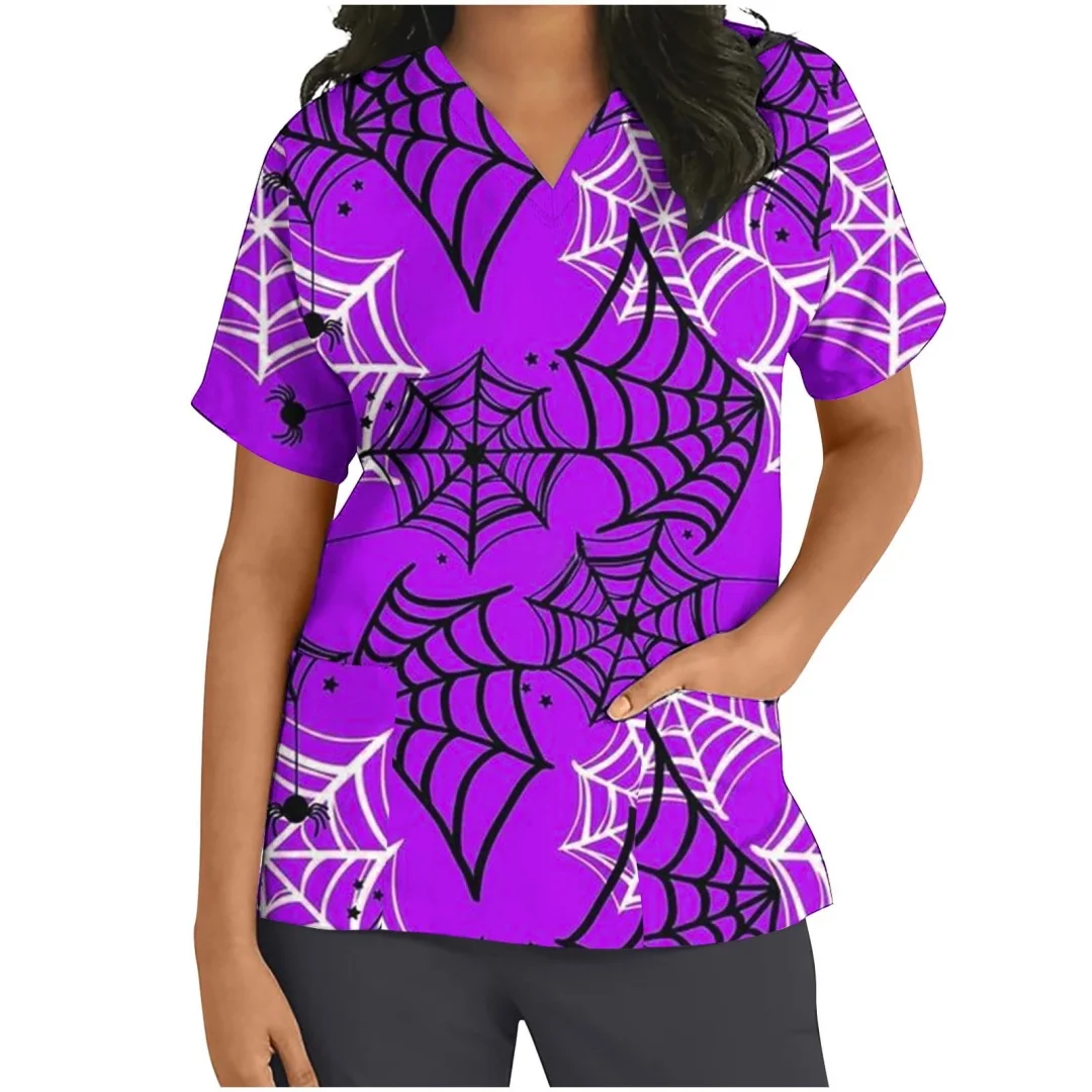 

Fashion Women's Surgical Uniform Spider Web Patterns Happy Print V-Neck Nursing Short Sleeve Tops Medical Staff Clinical Uniform