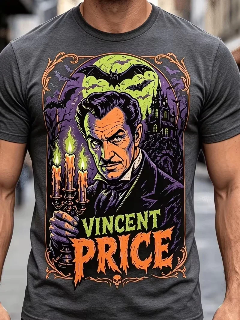 Vincent Price Vintage Horror Movie T-shirt Gothic Skull Castle Bats Halloween Graphic Tee Retro Classic Horror FilmShort Sleeve