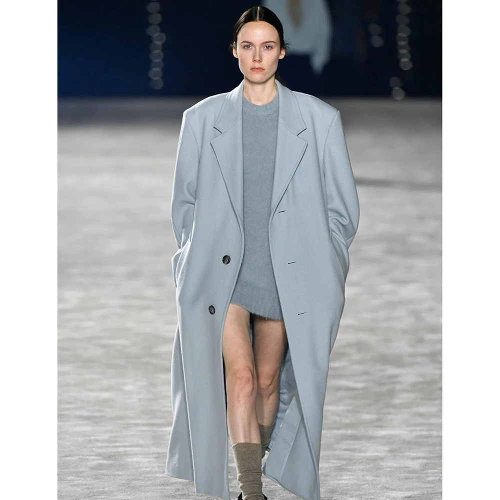 Oversized Style Long Coat Women Light Blue Woolen Loose Single-Breasted Blazer Autumn Winter Elegant Minimalist Chic Outerwear
