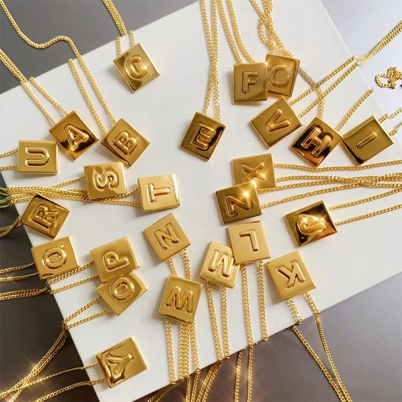 Titanium Steel A—Z Letter Necklace Gold Plated Alphabet Initial Square High Quality Fashion Pendant Necklaces for Women Gift