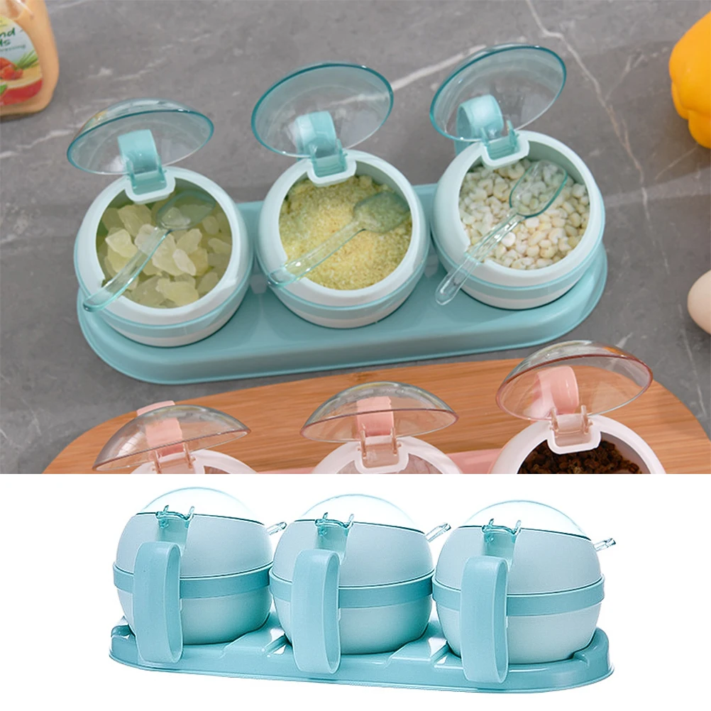 

1 set Spice Jar Ball-Type Flavoring Box PP Material Flip Lid Removable Compartments with Spoons Seasoning Storage