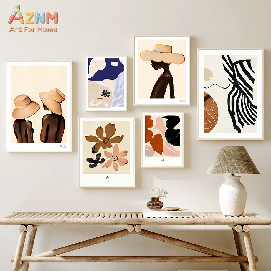 AZNM Neutral Boho Abstract Floral Still Life Canvas Wall Art Minimalist Vase Teapot Leaf Geometric Print Unframed Canvas Paintin