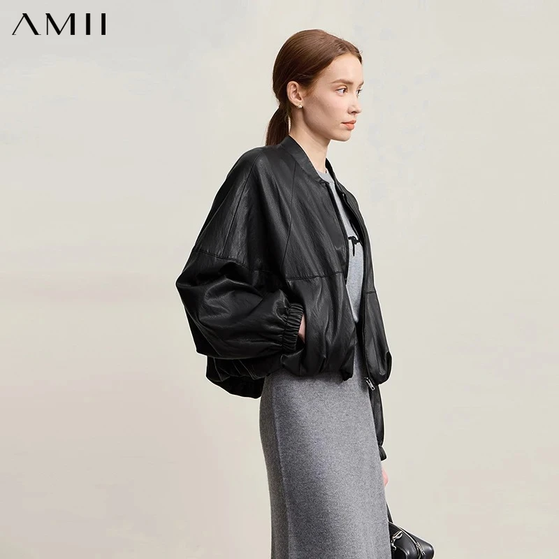 AMII Women's Leather Jacket 2026 Winter New Solid Loose Short Leather Jacket Versatile PU Long Sleeve Women's Clothing 12554046