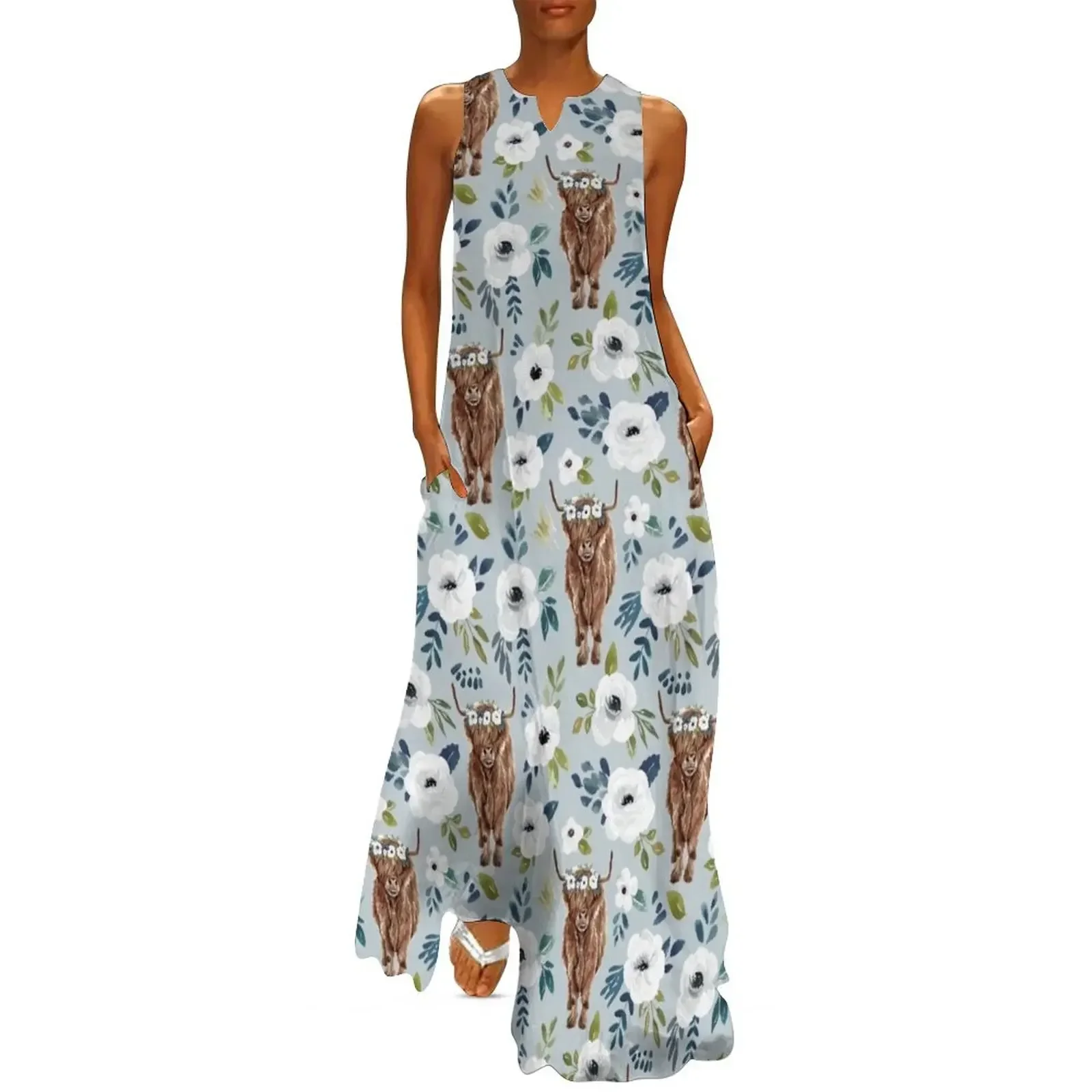 

Highland Cow with Flowers, Blue, Floral Crown, Cow Painting, Farmhouse Decor Long Dress dress summer 2025 women Dress