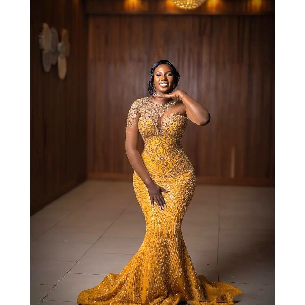 Lllusions アップリケスリーブマーメイドゴージャスなイブニングドレスビーズイブニングドレスゴールドスパンコールエレガントなフルスリーブプロムドレス