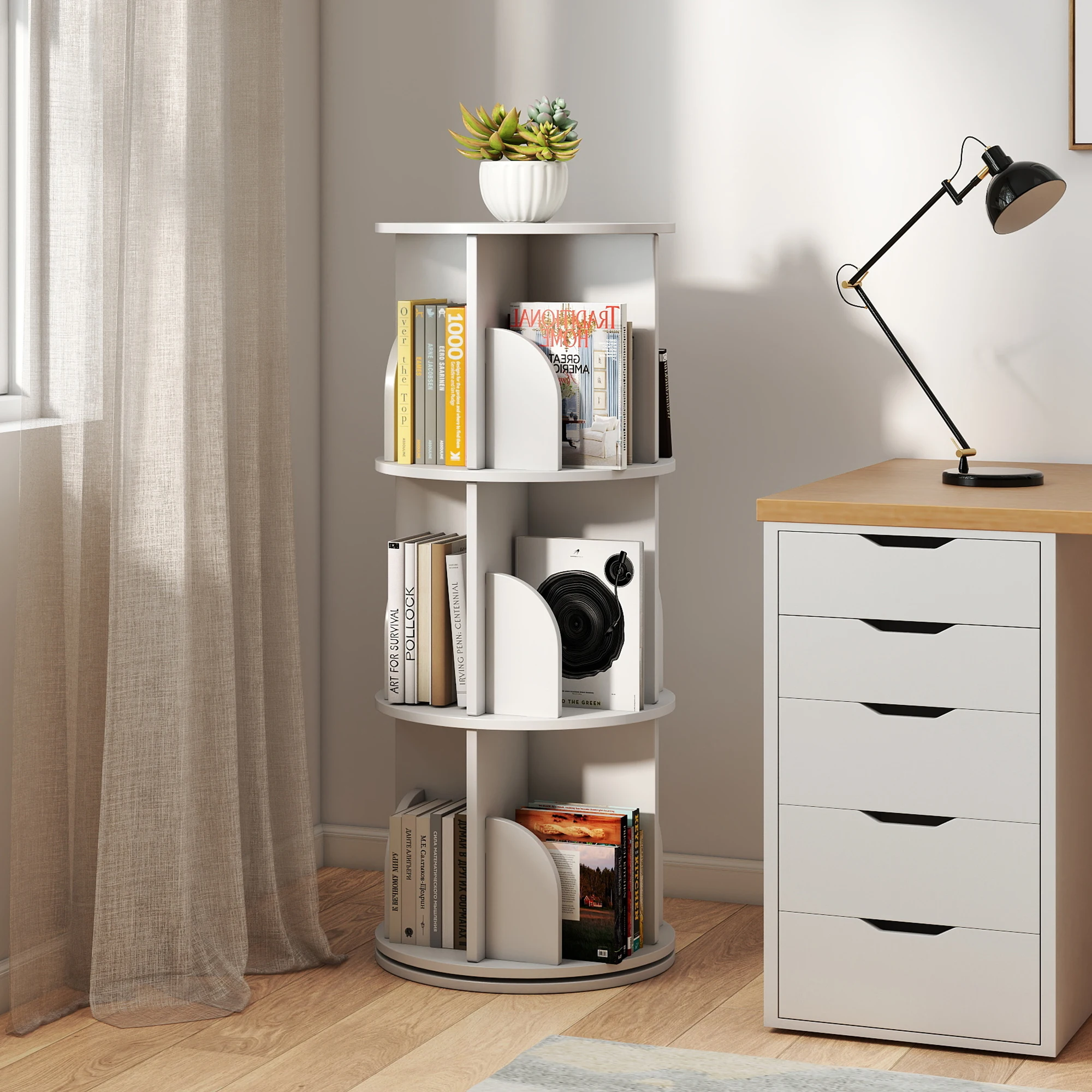 Rotating 3-Tier Bookshelf, 360° Spinning Corner Bookcase with Lazy Susan, White Space Saving Organizer for Study Room, Home Office, Kids Rooms, Bedroom, Adults & Kids, 15.75