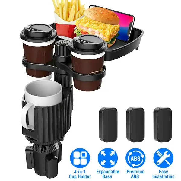 

4-in-1 Car Cup Holder Tray Food Table Phone Hold Car Expander Detachable 360 Degree Rotatable Expandable Base Car Desk Good