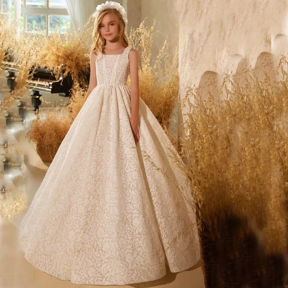 

Элегантное платье цвета слоновой кости на заказ для девочек с цветочным узором, кружевное платье принцессы с аппликацией для детей, свадьба, день рождения, вечеринка для первого причастия