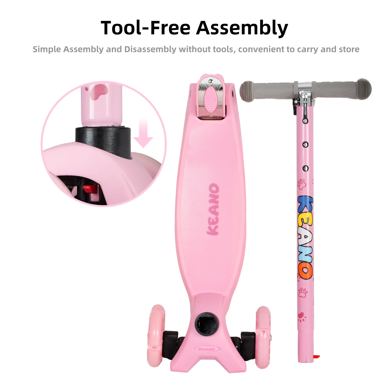 KEANO Kick Scooter for Boys & Girls, Kids and Toddler 3 Wheel Scooter with Light Up Wheels, Adjustable Handlebars, Brake, Pink