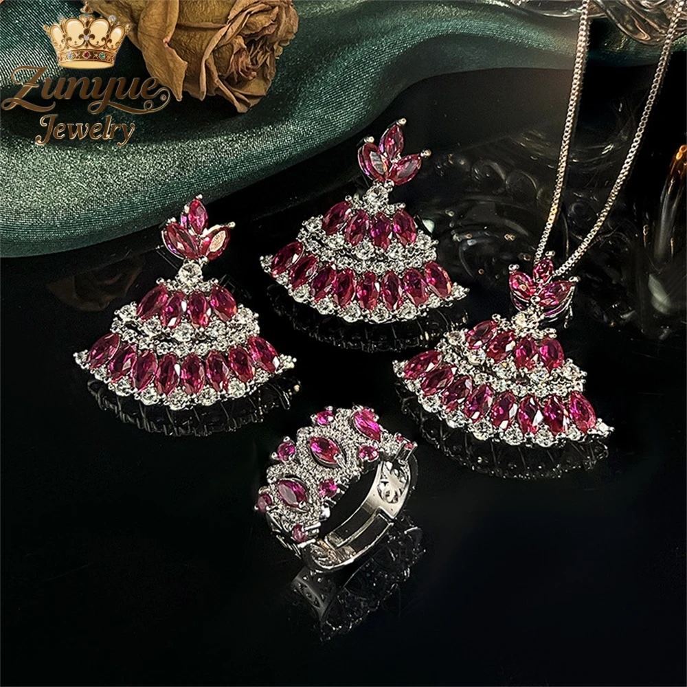 

Rose Red Crystal Glass Tassel Diamond Pendant And Ring Luxury Quality Fashion Jewelry Exquisite Elegant Popular Charms Young