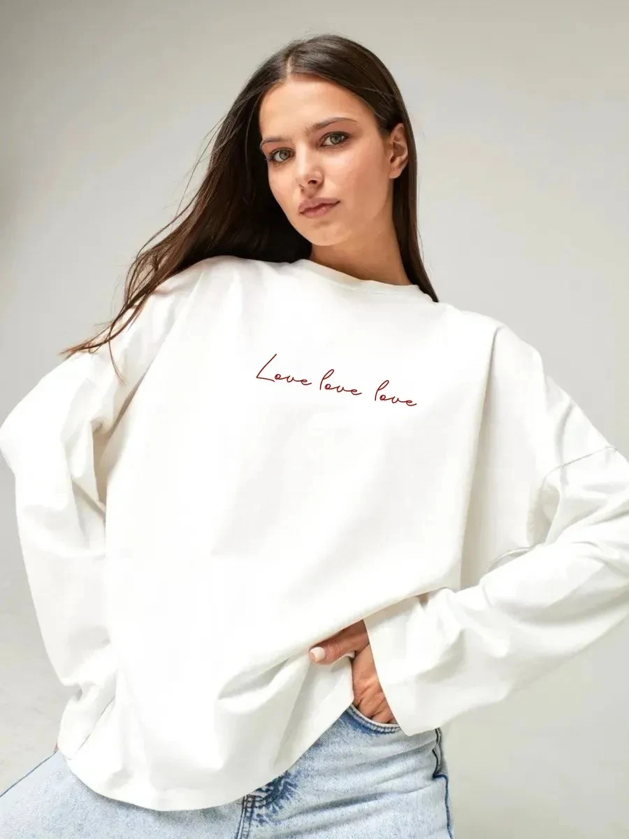 

Повседневная свободная футболка с длинным рукавом, модный топ с принтом, женский хлопковый пуловер с круглым вырезом, сезонная одежда на весну и осень