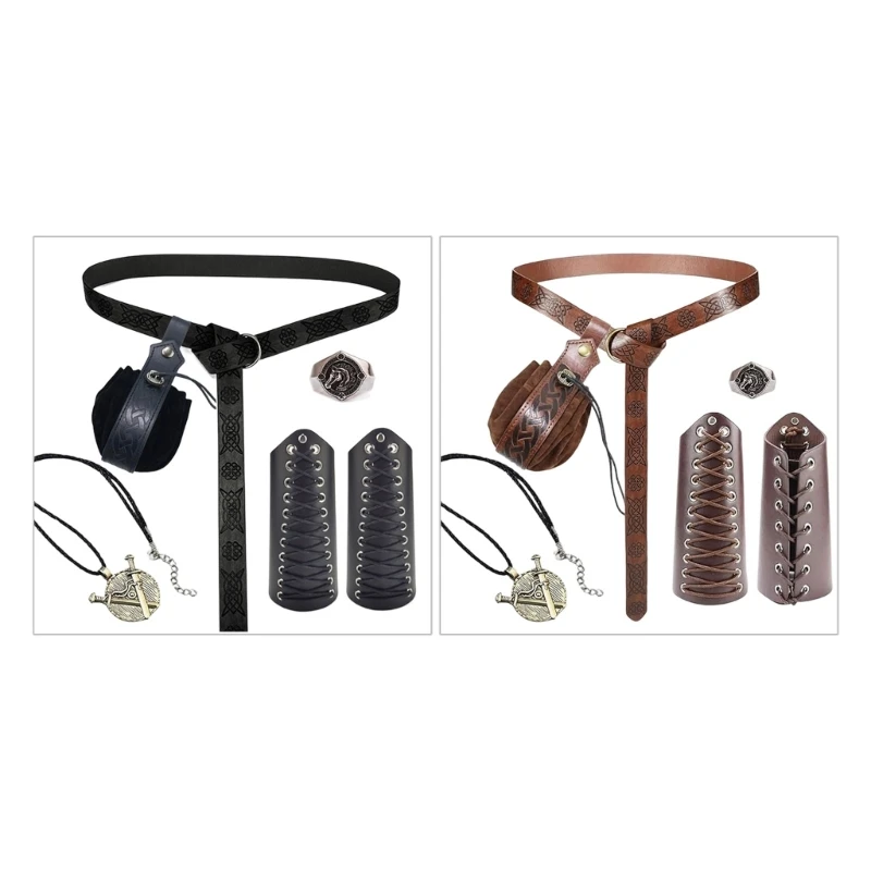 HX6F 6Pcs Medieval Belts Costume Belt Set Adjustable Roleplay Costume