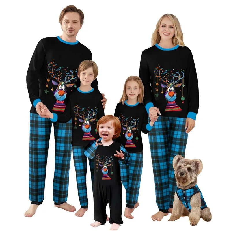 Family Matching Christmas Pajamas Set Reindeer Plaid Print Holiday Pajamas Sleepwear Dad Mom Kids PJs