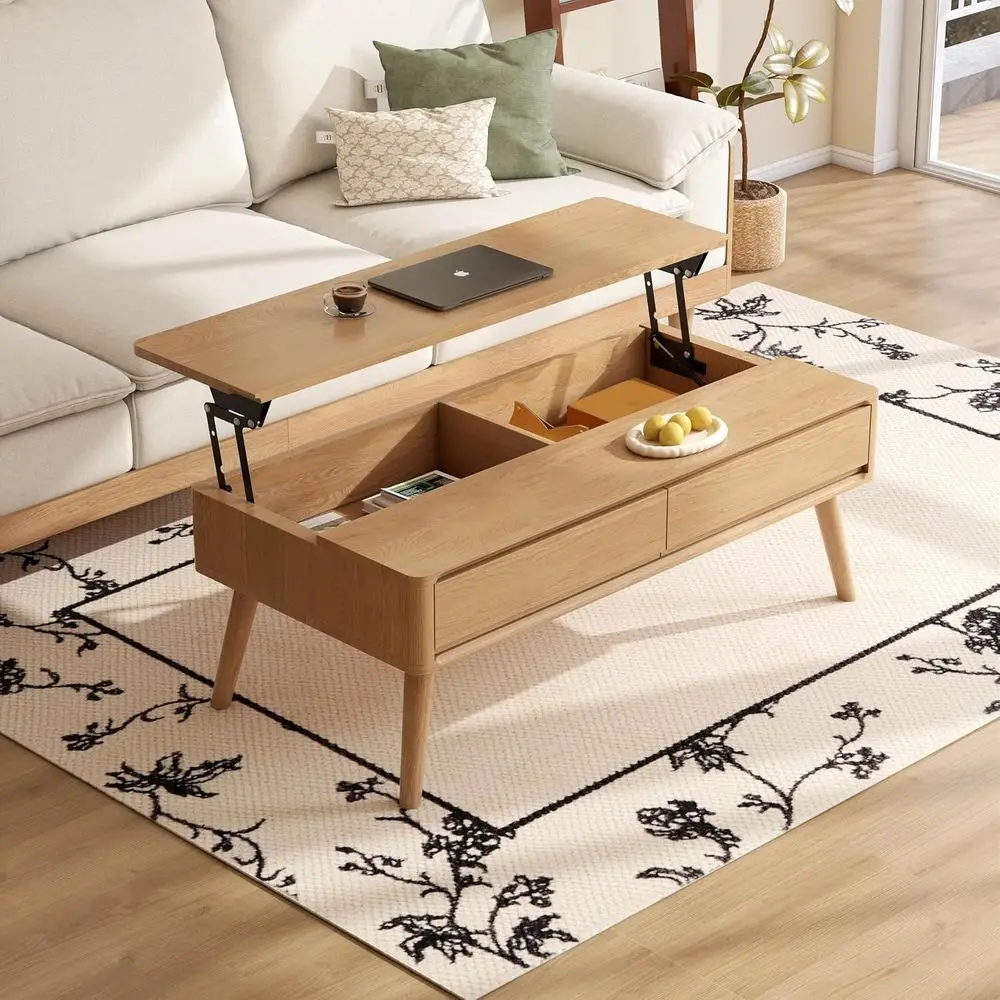 

Solid Oak Coffee Table with Drawers and Storage, 39.37 Long for Living Room Decor