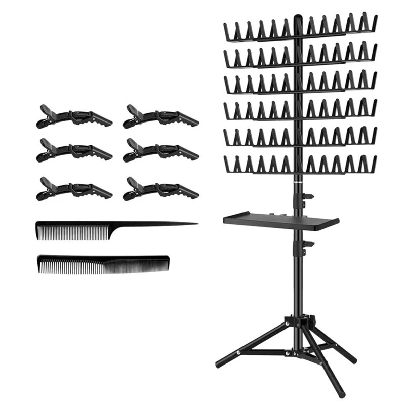 YCOC-Hair Extension Holder 2-Side, Braiding Rack With Tray, 144 Pegs Height Adjustable, Hair Stand With Stylist Tools Black