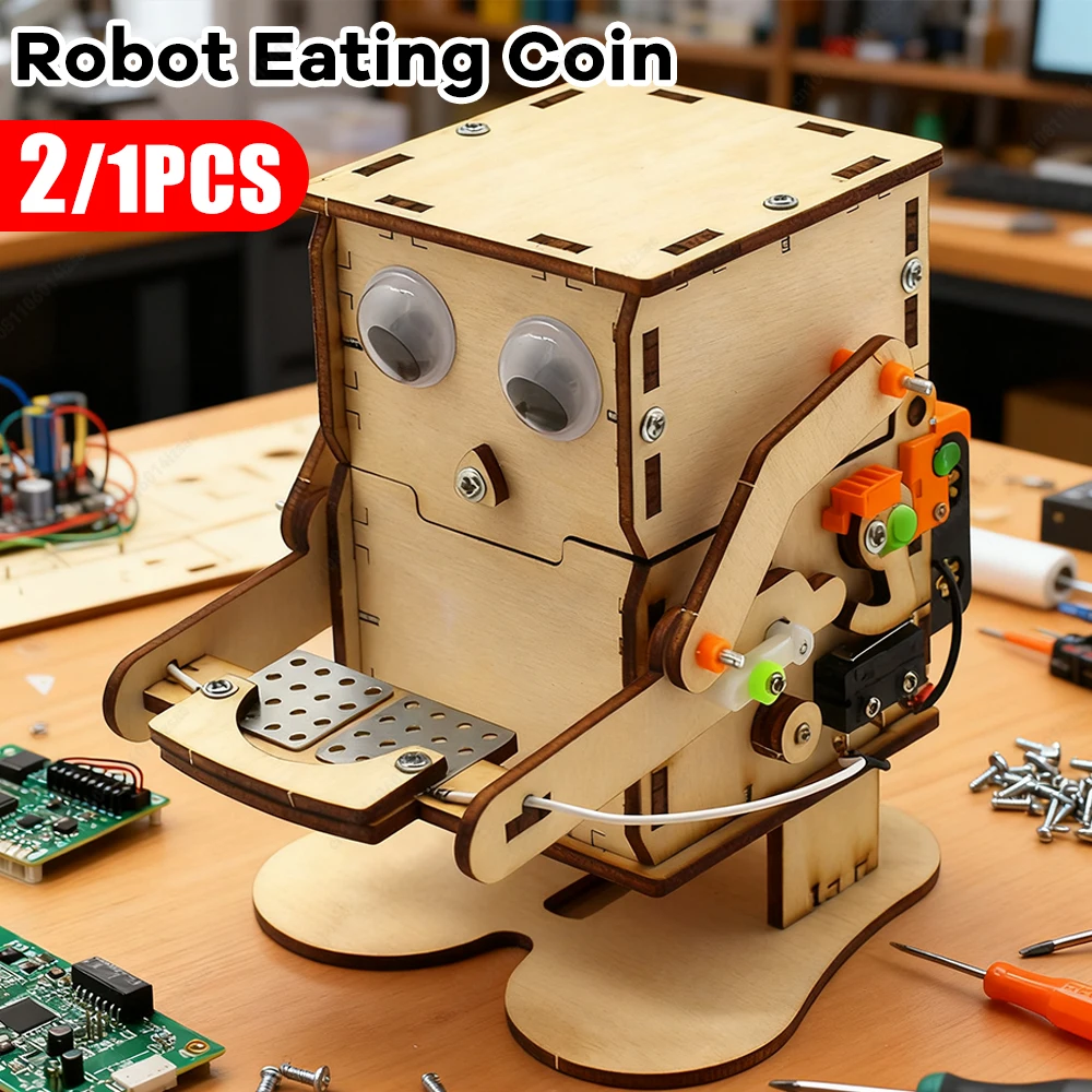Wooden Robot Eating Coin DIY Educational Physics Experiment Toys DIY Robot Eating Coin Model Assemble Kit Teaching Learning Toys