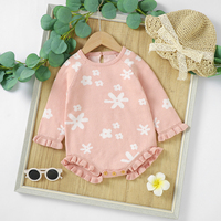Cotton Baby Girls Floral Bodysuits Long Sleeve Crew Neck Knitted Newborn Infant Onesie Outfits 0-18m Toddler One Piece Jumpsuits