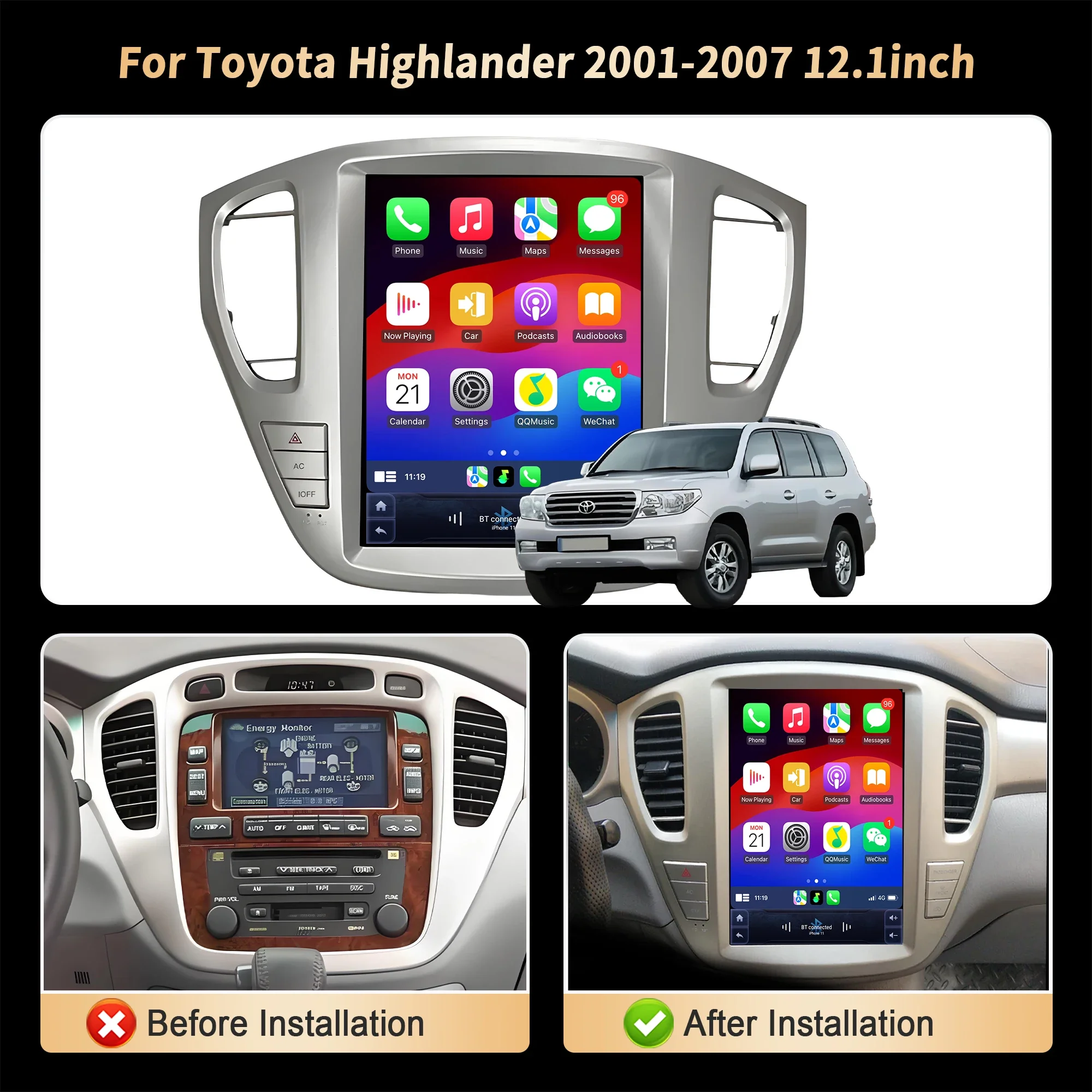 12.1 Inch Car Radio for Toyota Highlander 2001-2007 Android 14 4G Touch Screen Stereo Wireless Bluetooth CarPlay Head Unit