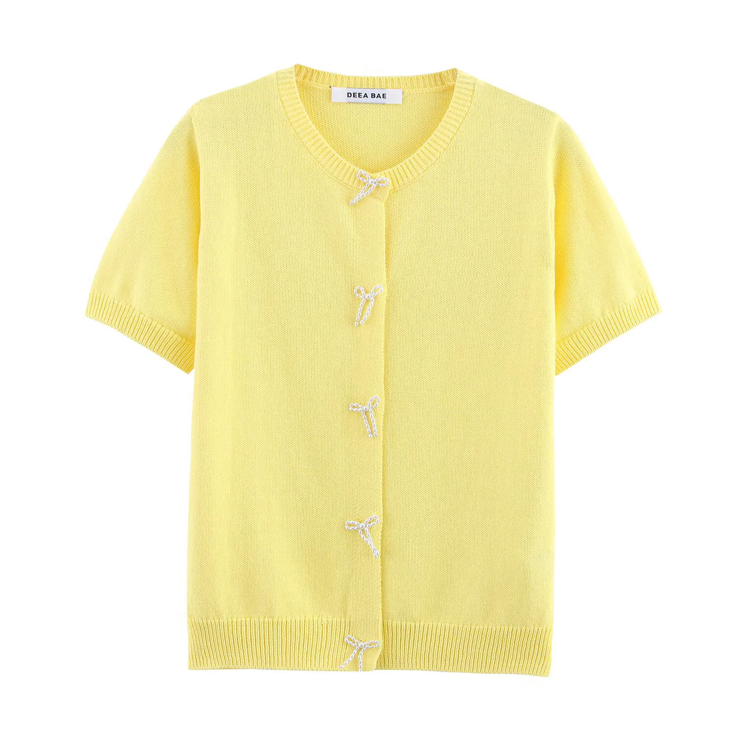 

Summer new sweet and fashionable simple artificial pearl bow short sleeved knitted cardigan for women