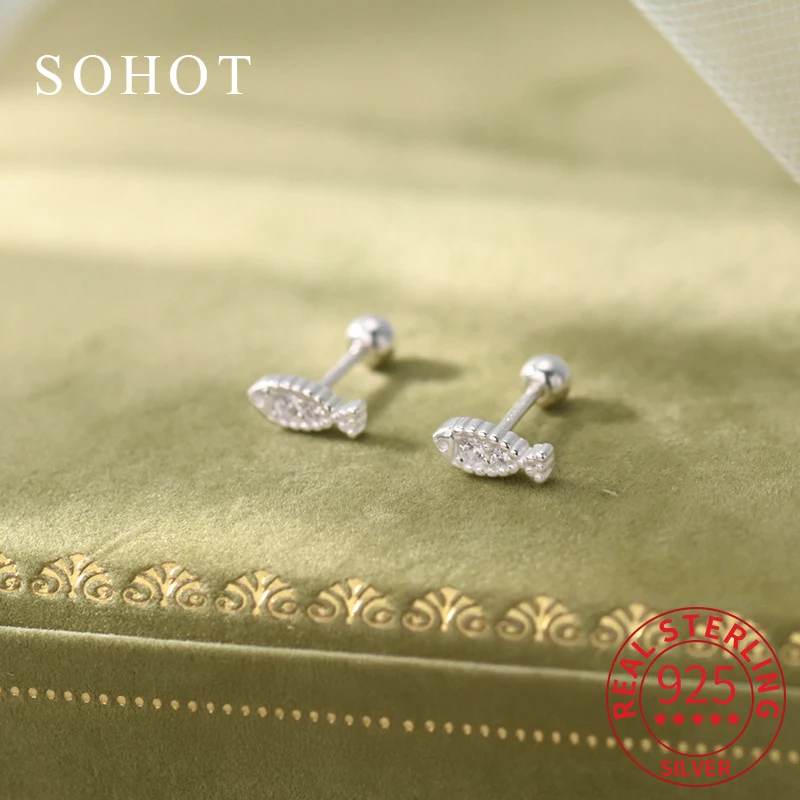 

Real 925 Sterling Silver Mini Fish Piercing Screw Bead Stud Earrings for Women Cute Party Fine Jewelry Animal Accessories